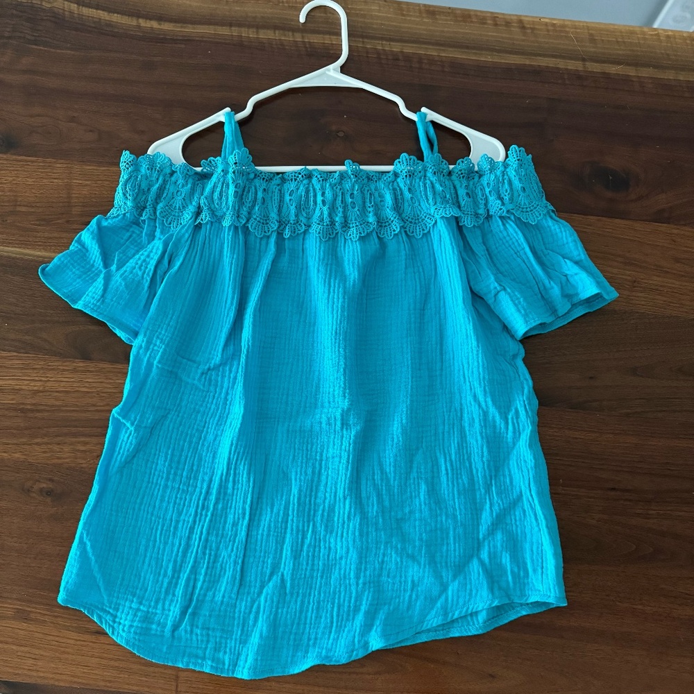 by & by - Off Shoulder Short Sleeve Top with Spaghetti Straps - SMALL - Teal